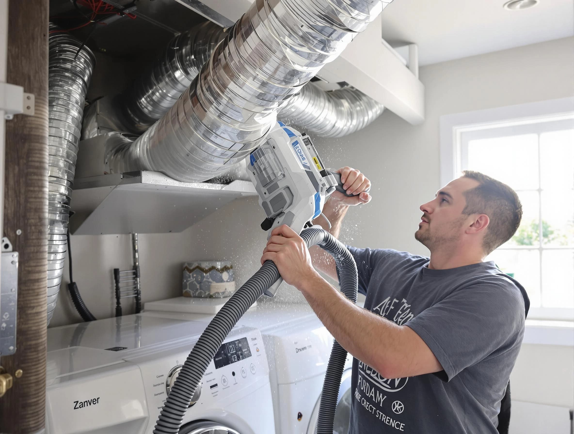Collier Dryer Vent Cleaning specialist cleaning deep within a dryer vent duct system in Collier