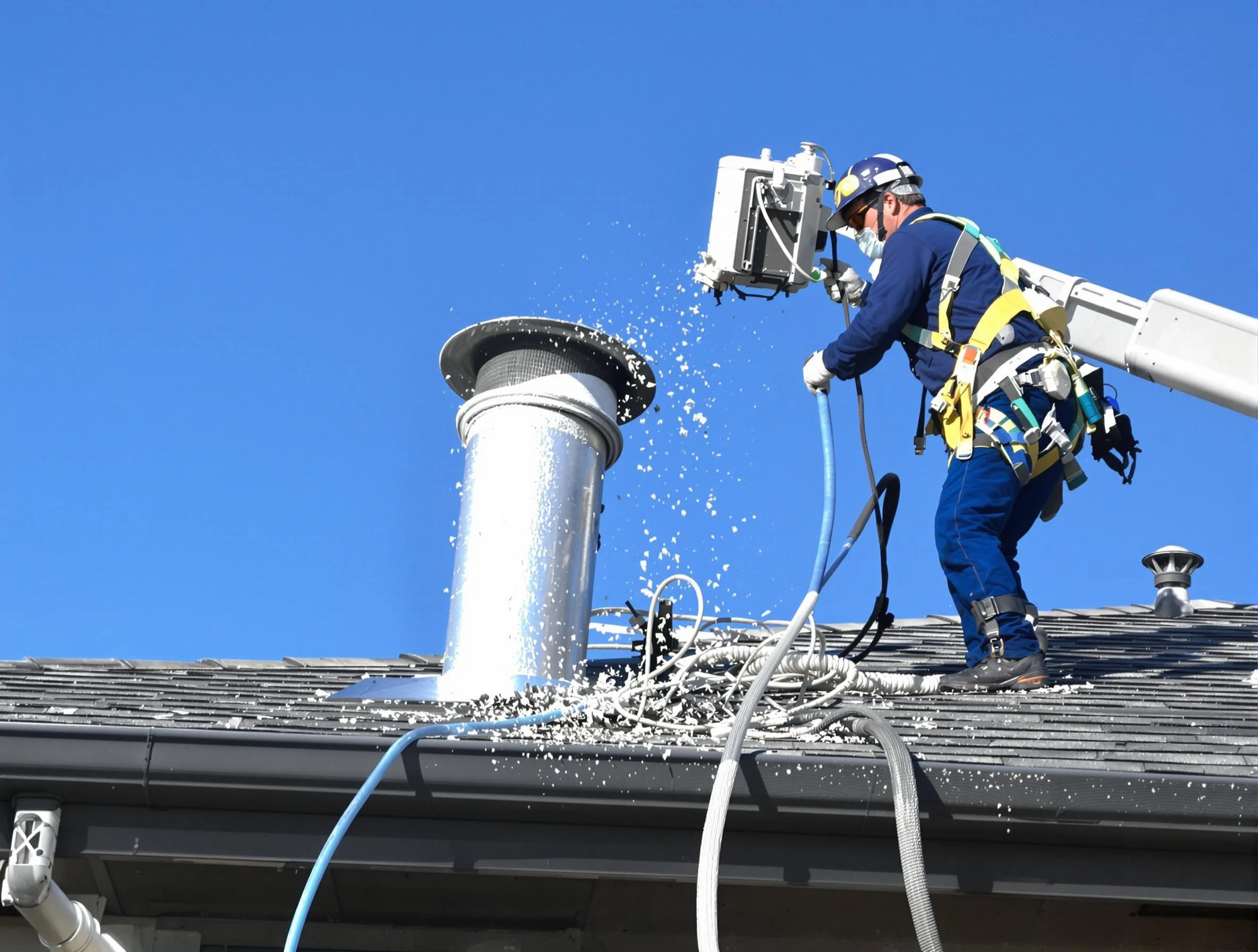 Collier Dryer Vent Cleaning certified technician safely cleaning a roof-mounted dryer vent in Collier